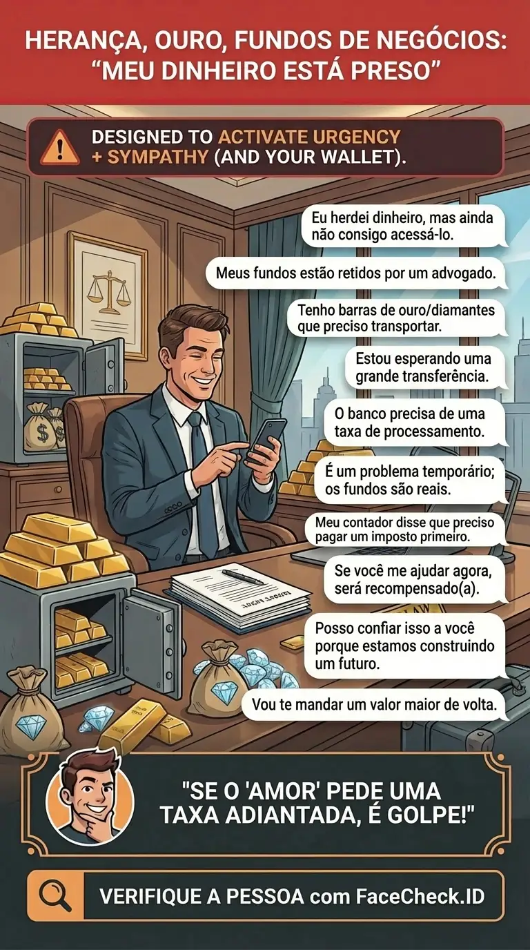 Infográfico sobre golpes de herança, ouro e fundos de negócios em que o dinheiro está “preso” e precisa de taxas
