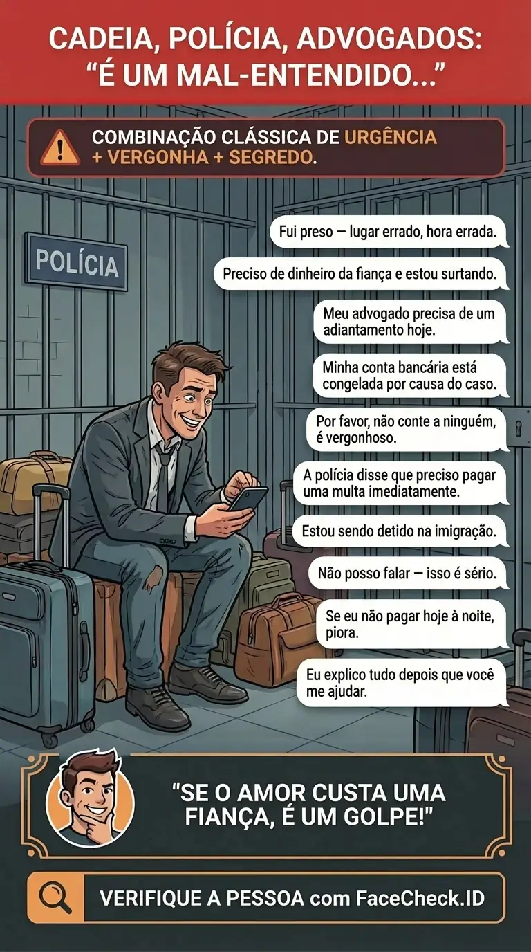 Infográfico sobre golpes envolvendo cadeia, polícia e advogados usando a urgência e o segredo de “é um mal-entendido”