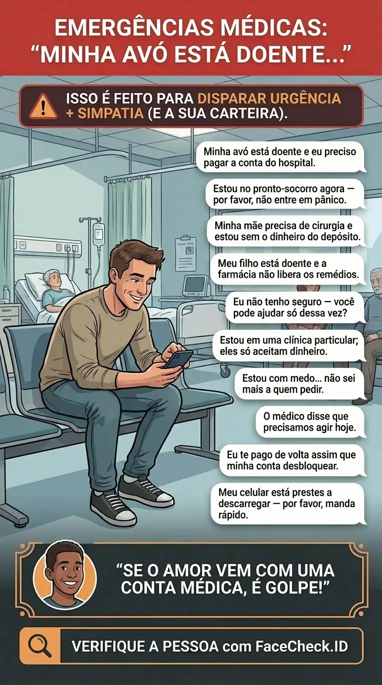 Infográfico alertando sobre golpes de emergência médica do tipo “Minha avó está doente…” com pedido de dinheiro