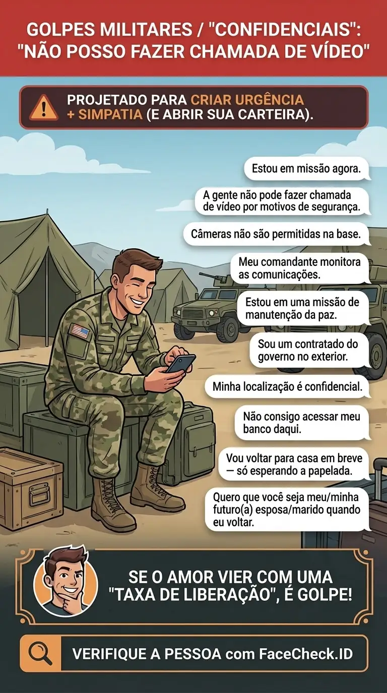 Infográfico sobre golpes românticos militares e desculpas do tipo “não posso fazer chamada de vídeo”
