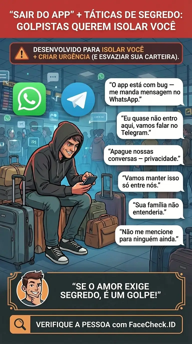 Infográfico sobre táticas de segredo de “sair do app” usadas por golpistas