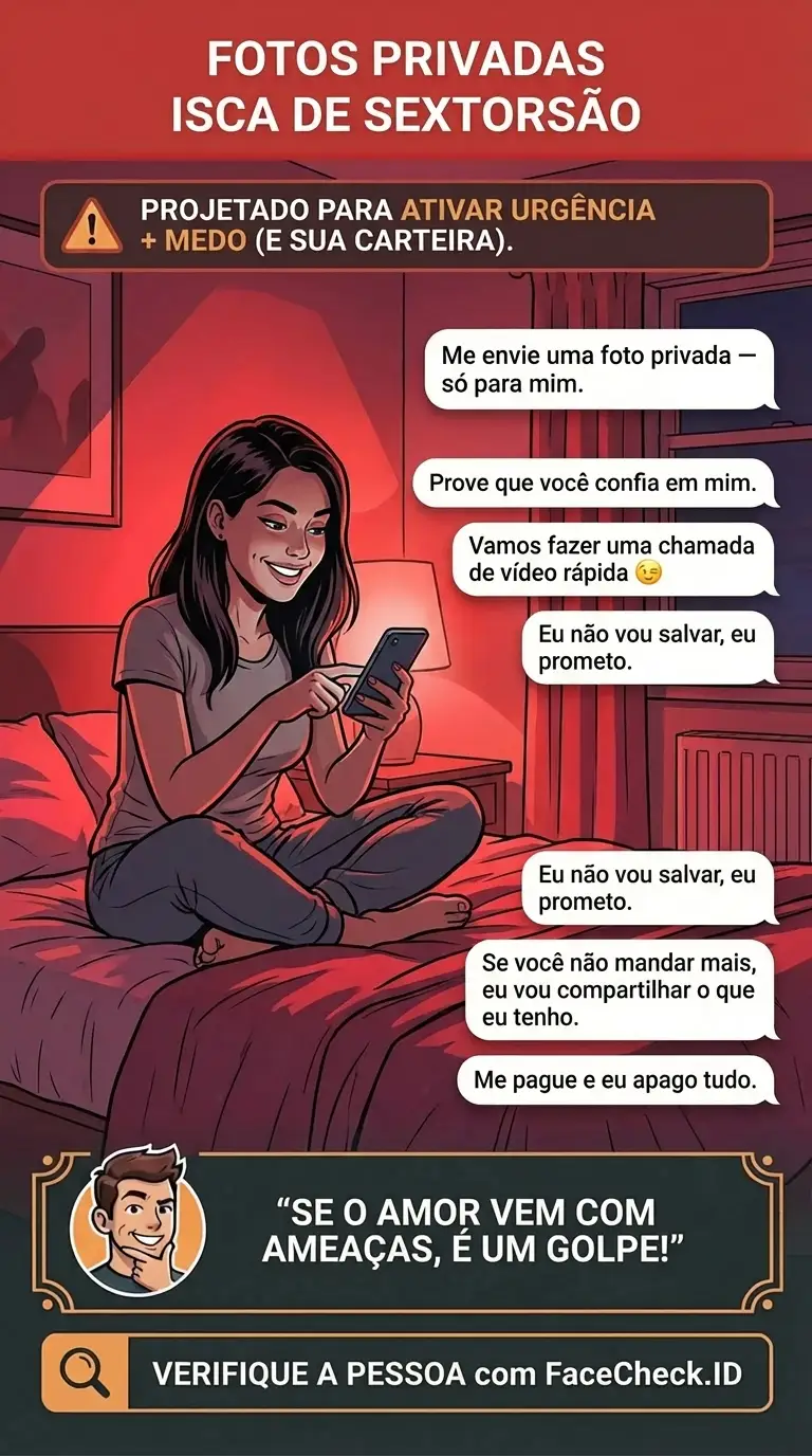 Infográfico sobre isca de fotos privadas e táticas de golpe de sextorsão