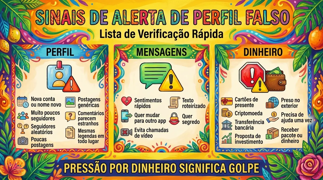 Infográfico de checklist de sinais de alerta de perfil falso ilustrando sinais comuns de golpistas online relacionados a perfis, comportamentos de mensagem e pedidos financeiros