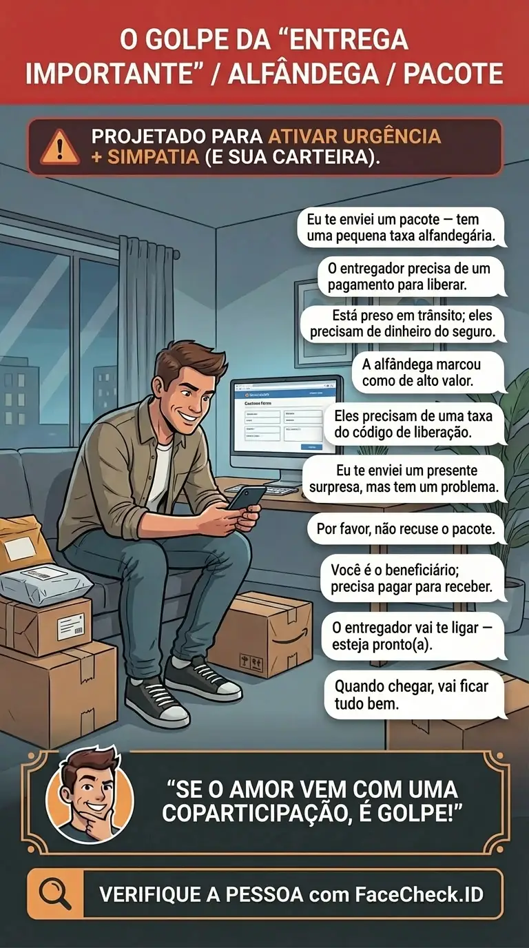 Infográfico sobre golpes de “entrega importante” na alfândega e pacotes exigindo pagamento urgente