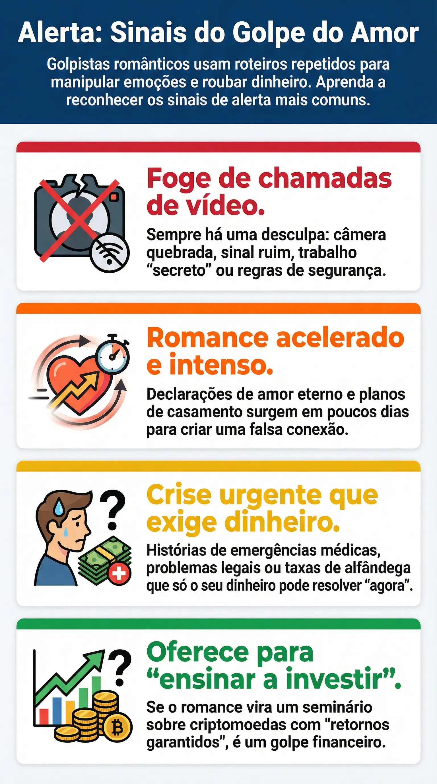 Ilustração de frases comuns de golpistas românticos em um chat de namoro, destacando desculpas, urgência e pedidos de pagamento