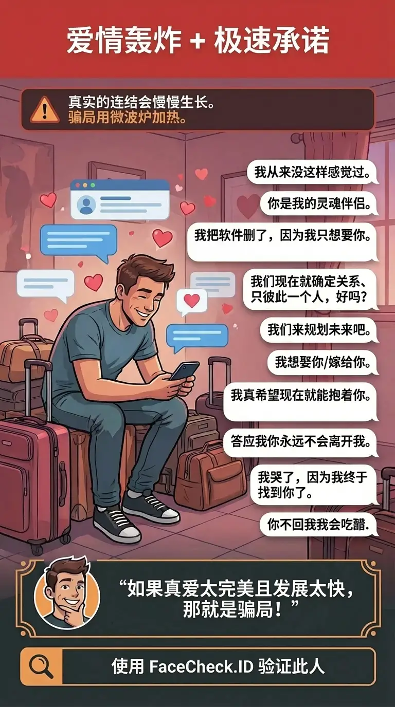 通过数字聊天与消息模式展示爱情轰炸警示信号的信息图