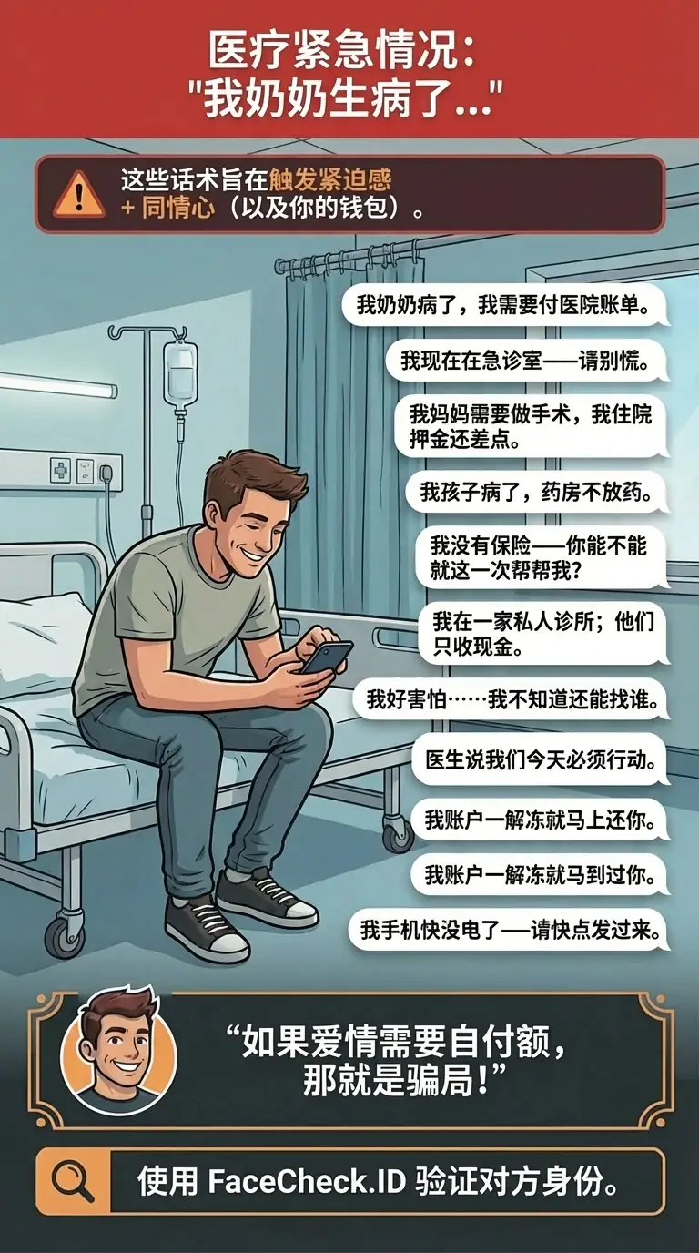 关于“我奶奶生病了……”医疗紧急求钱骗局的警示信息图