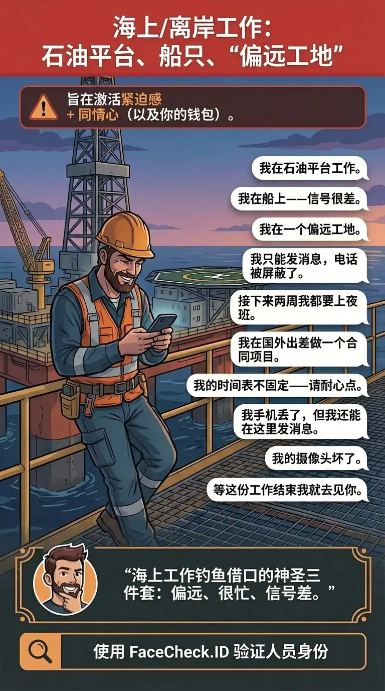 关于离岸工作钓鱼借口的信息图，如石油平台、船只、偏远工地和信号差等借口