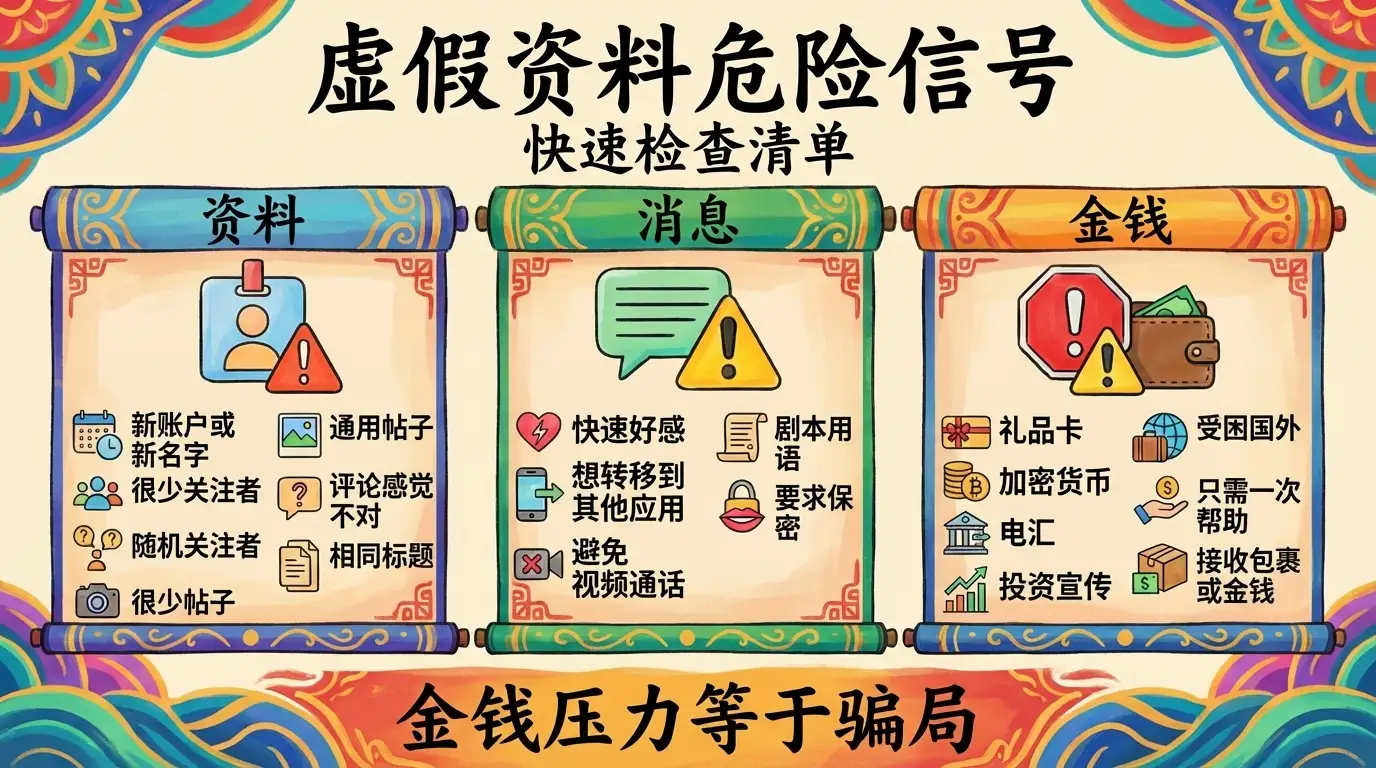 假账号危险信号清单信息图，展示线上骗子在账号、聊天行为与金钱请求方面的常见迹象