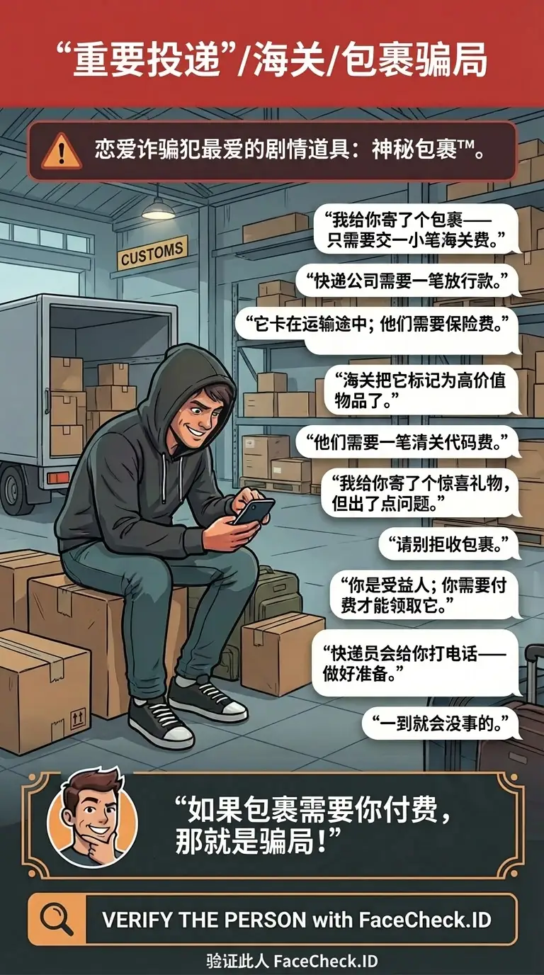 关于“重要投递”海关与包裹骗局的信息图，要求紧急付款
