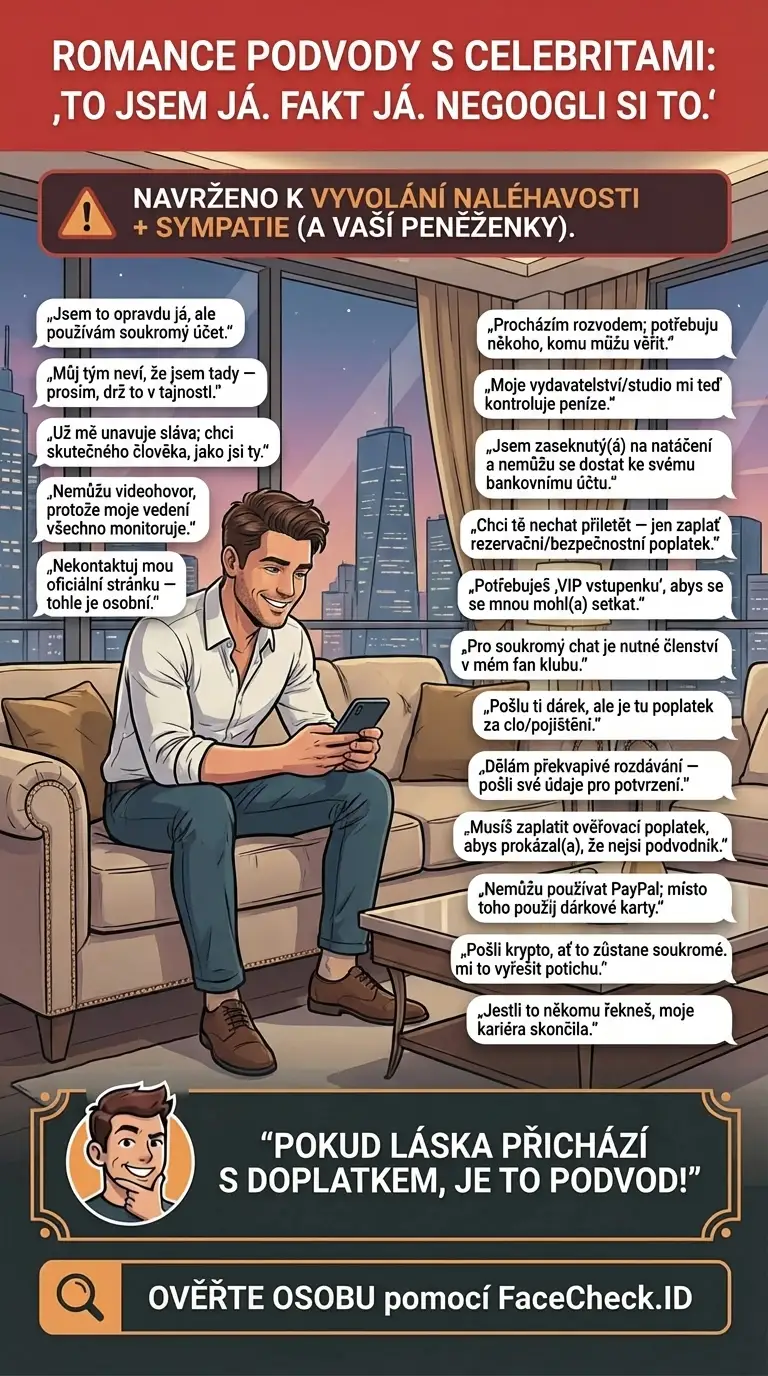 Infografika o romance podvodech s celebritami a varovných signálech vydávání se za někoho