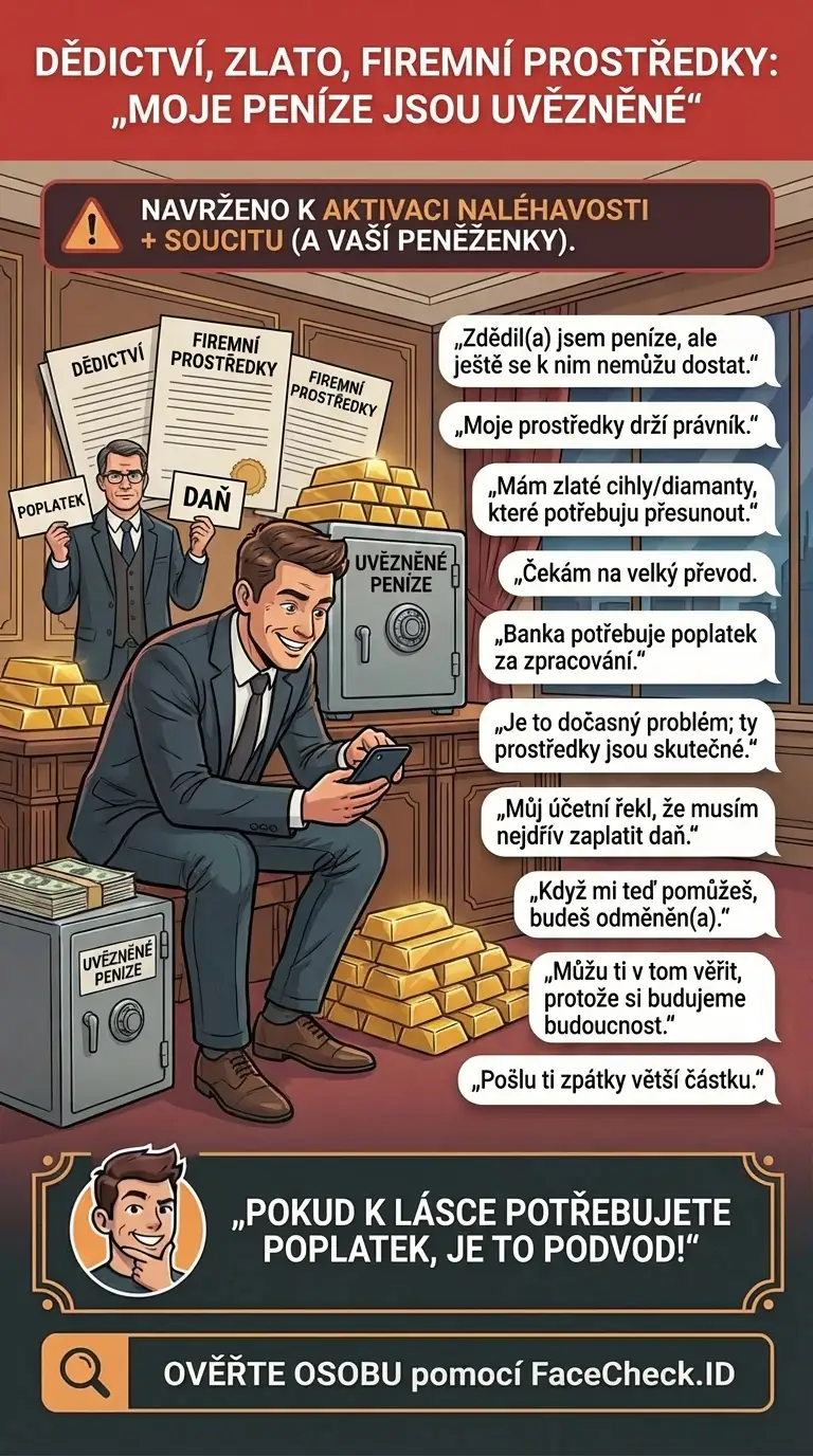 Infografika o podvodech s dědictvím, zlatem a firemními prostředky, kde jsou peníze „uvězněné“ a je potřeba zaplatit poplatky