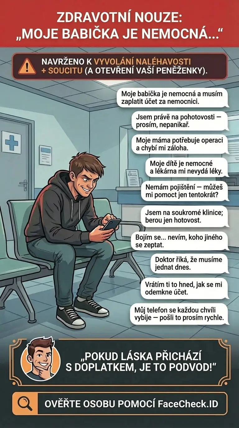Infografika varující před podvody se žádostí o peníze při zdravotní nouzi typu „Moje babička je nemocná…“