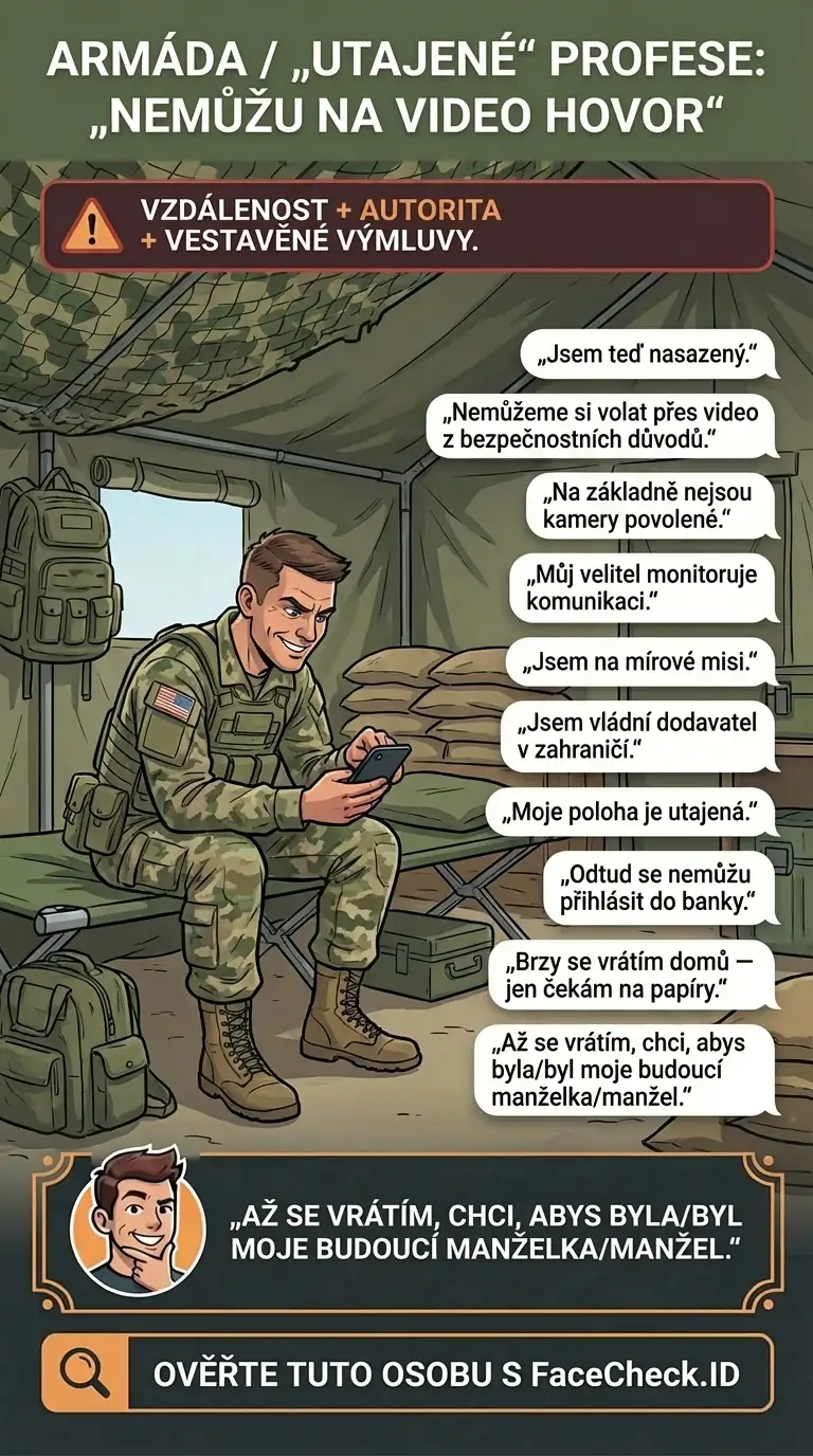Infografika o romance podvodech s vojáky a výmluvách typu „nemůžu na video hovor“