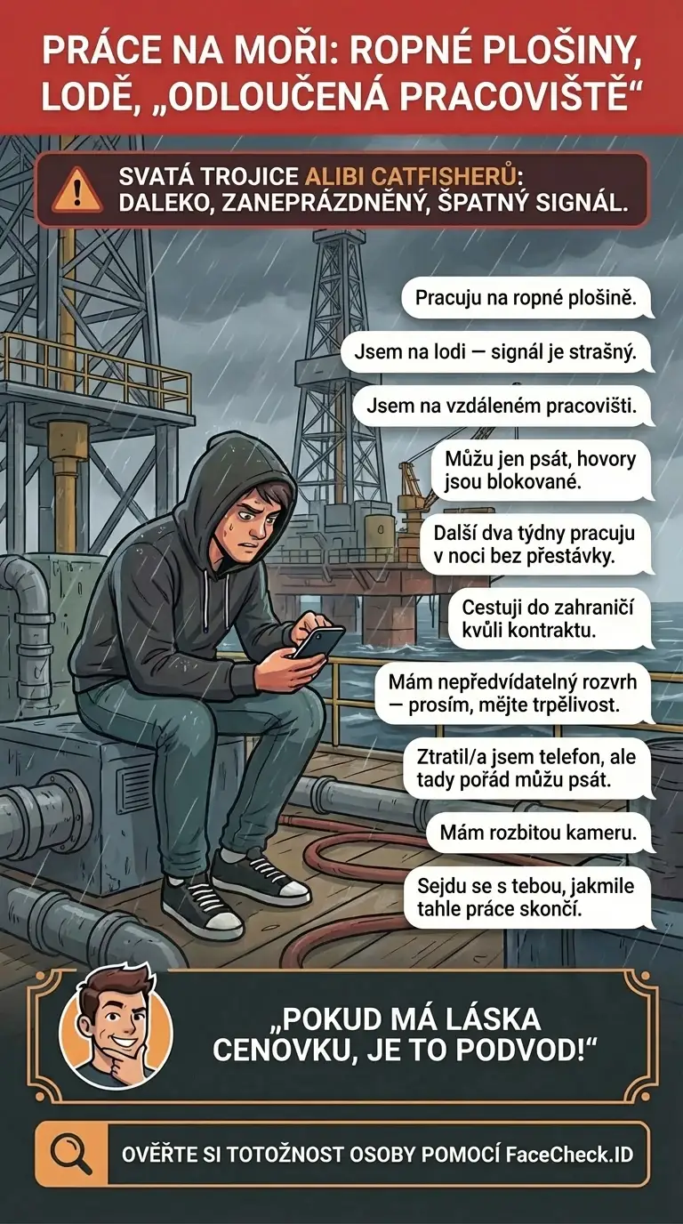 Infografika o alibi catfishingu typu práce na ropné plošině, na lodi, na vzdáleném místě a výmluvách na špatný signál