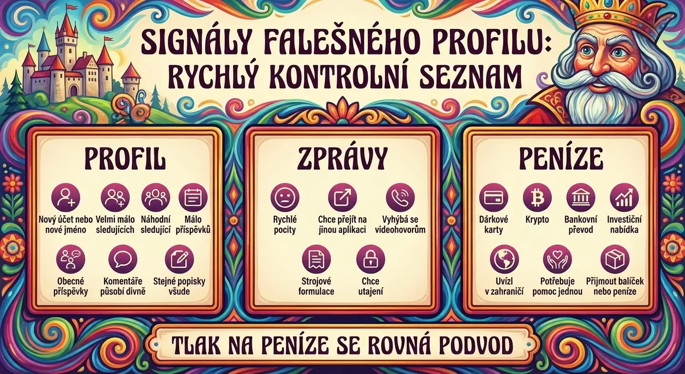 Infografika checklistu varovných signálů falešného profilu znázorňující běžné znaky online podvodníků týkající se profilů, chování v komunikaci a finančních požadavků