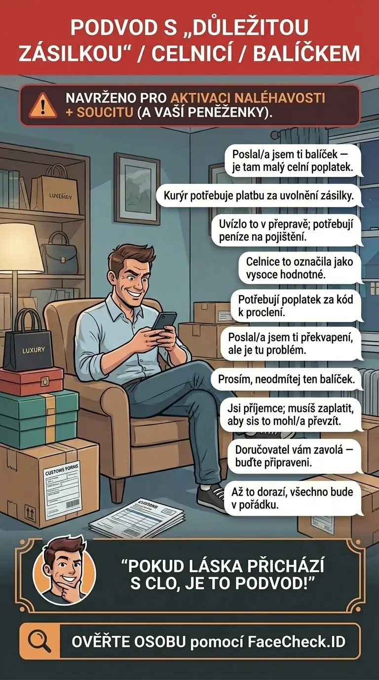 Infografika o podvodech s „důležitou zásilkou“, celnicí a balíčky požadujících urgentní platbu