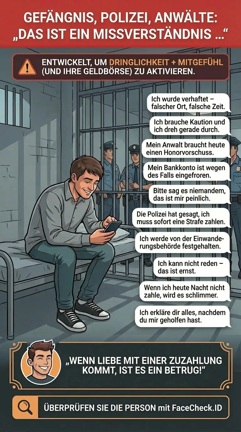 Infografik über Gefängnis-, Polizei- und Anwalt-Scams, die mit „Das ist ein Missverständnis“ Dringlichkeit und Geheimhaltung erzeugen