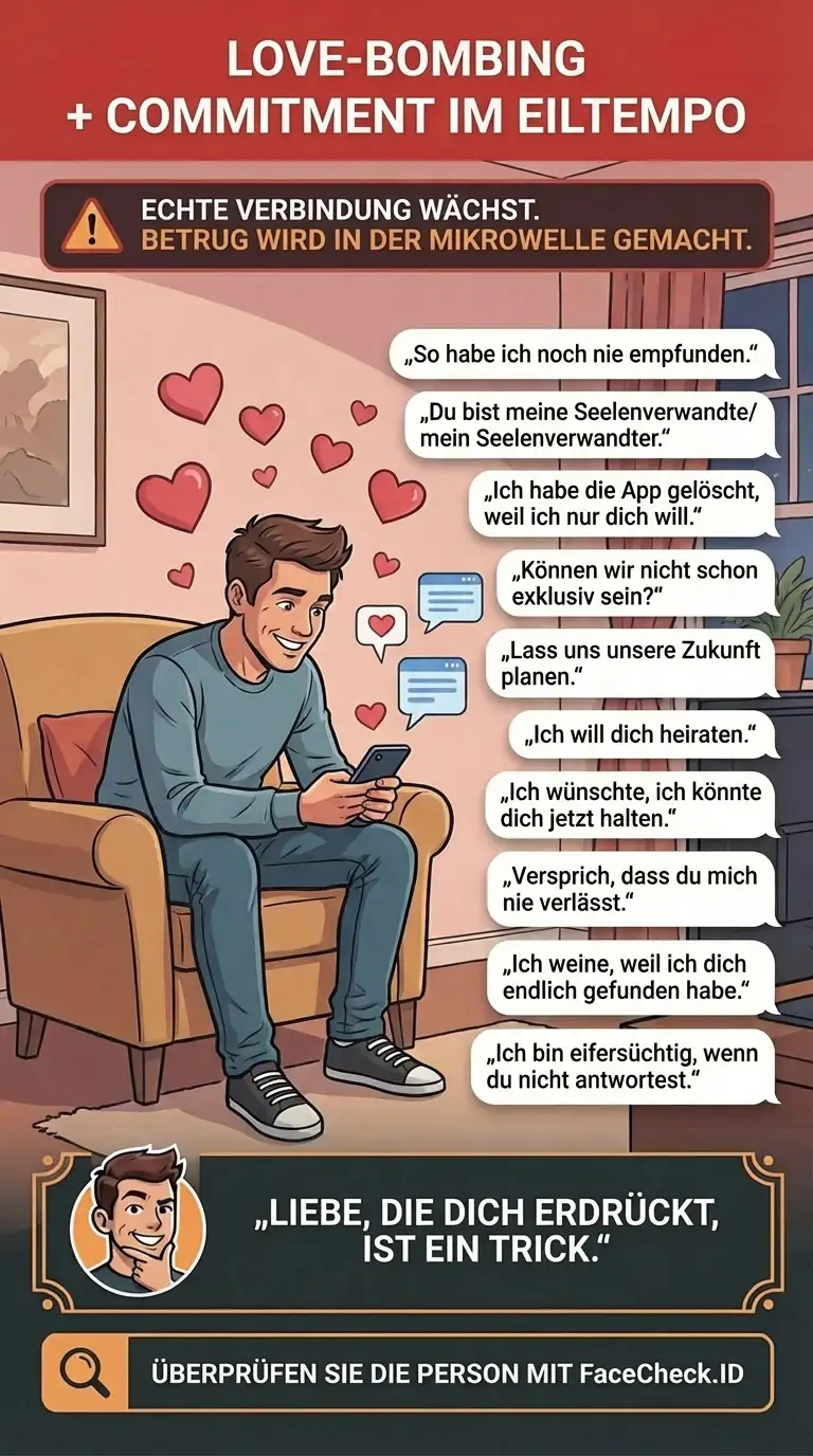Infografik über Warnzeichen von Love-Bombing anhand digitaler Chats und Nachrichtenmuster
