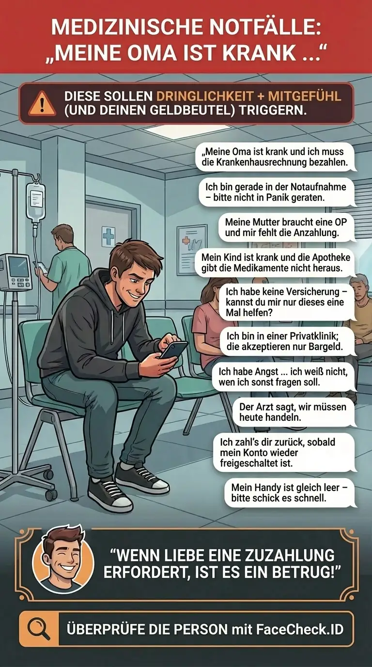 Infografik, die vor Geldforderungen durch medizinische Notfall-Scams à la „Meine Oma ist krank …“ warnt