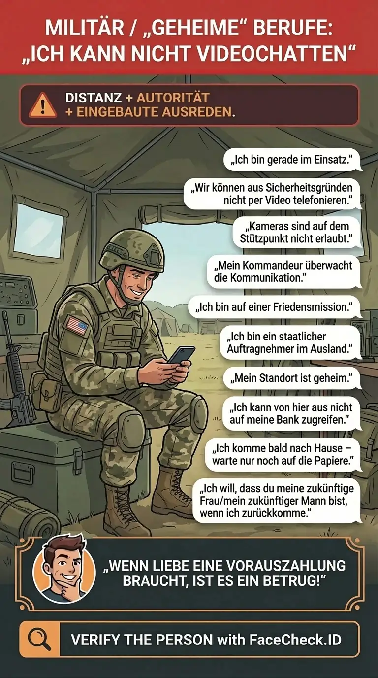 Infografik über Militär-Romance-Scams und Ausreden wie „Ich kann nicht videochatten“