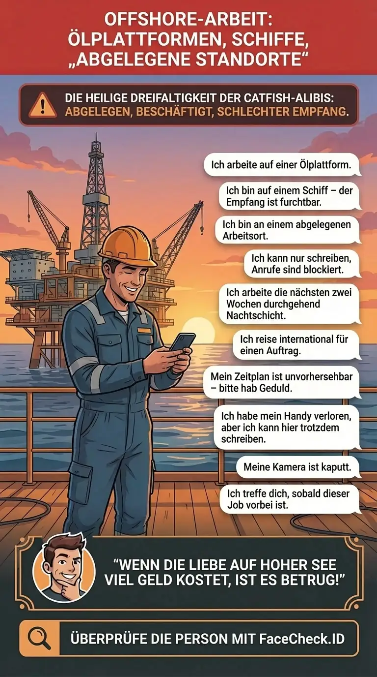 Infografik über Offshore-Arbeit als Catfish-Alibi wie Ölplattformen, Schiffe, abgelegene Standorte und Ausreden wegen schlechtem Empfang