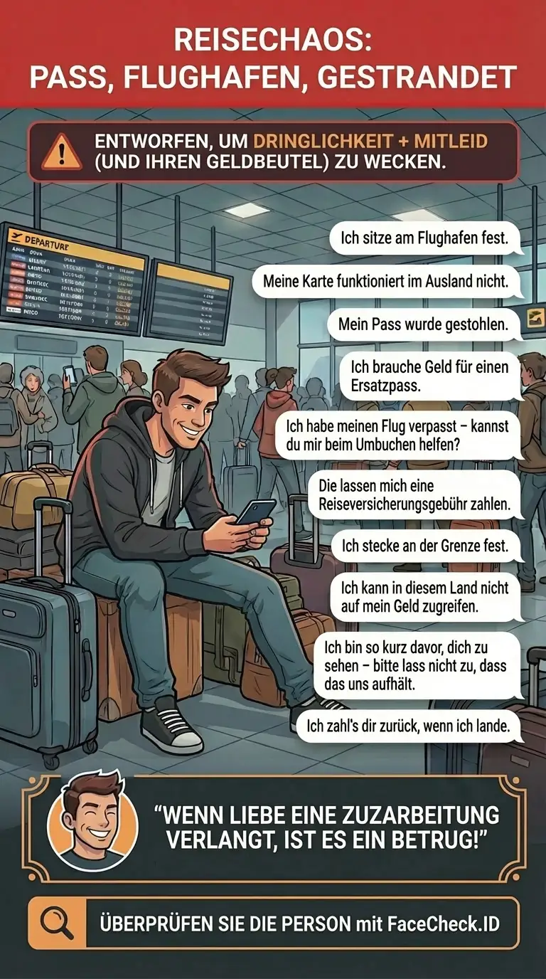 Infografik über Reise-Scams und gefälschte Gebühren, Notfälle und last-minute Zahlungsaufforderungen