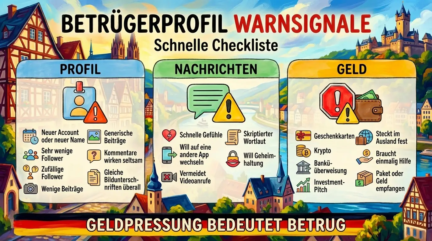 Fake Profile Red Flags checklist infographic illustrating common signs of online scammers related to profiles, messaging behaviors, and financial requests