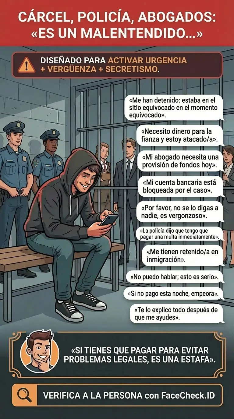 Infografía sobre estafas de cárcel, policía y abogados que usan la urgencia y el secretismo de «es un malentendido»