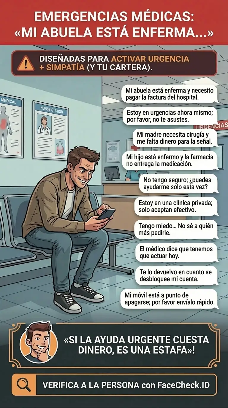 Infografía de advertencia sobre estafas de solicitud de dinero por emergencias médicas del tipo «Mi abuela está enferma…»