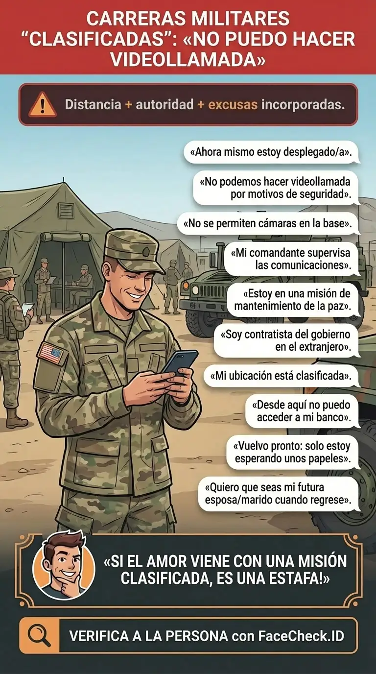 Infografía sobre estafas románticas militares y excusas de «no puedo hacer videollamada»