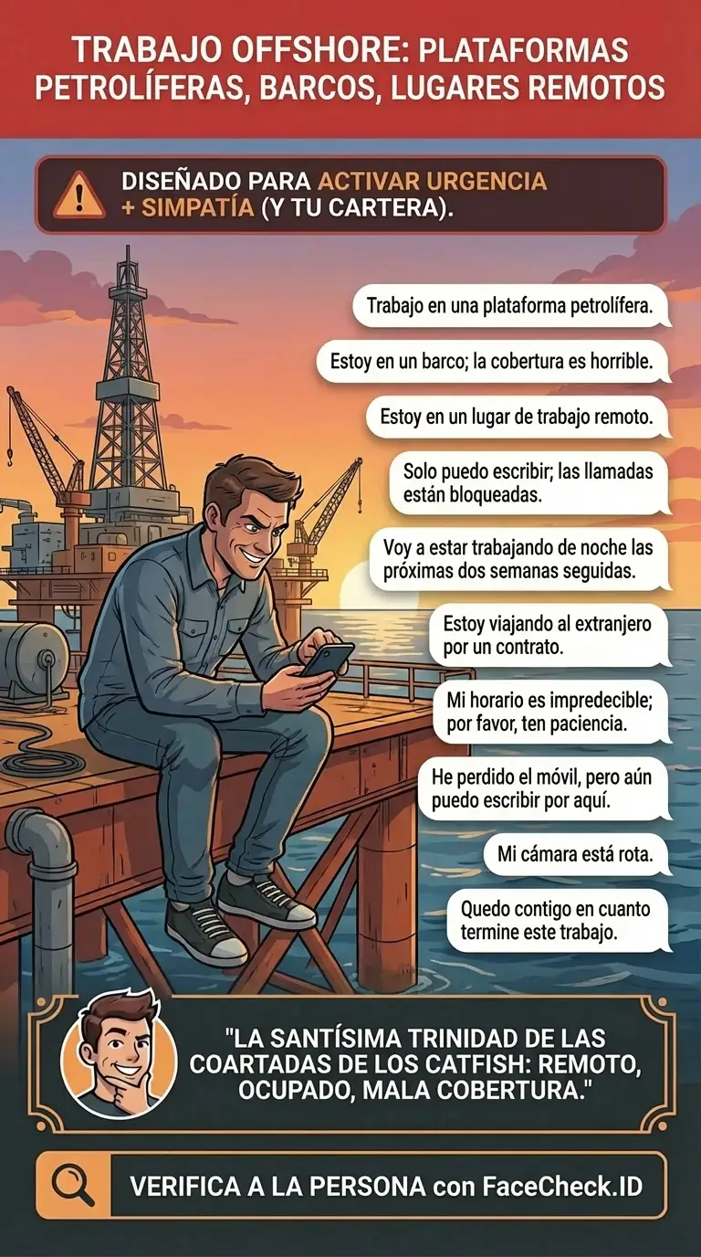 Infografía sobre coartadas de catfish con trabajo offshore como plataformas petrolíferas, barcos, lugares remotos y excusas de mala cobertura