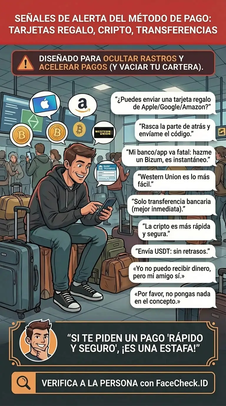 Infografía sobre señales de alerta de métodos de pago como tarjetas regalo, cripto y transferencias bancarias