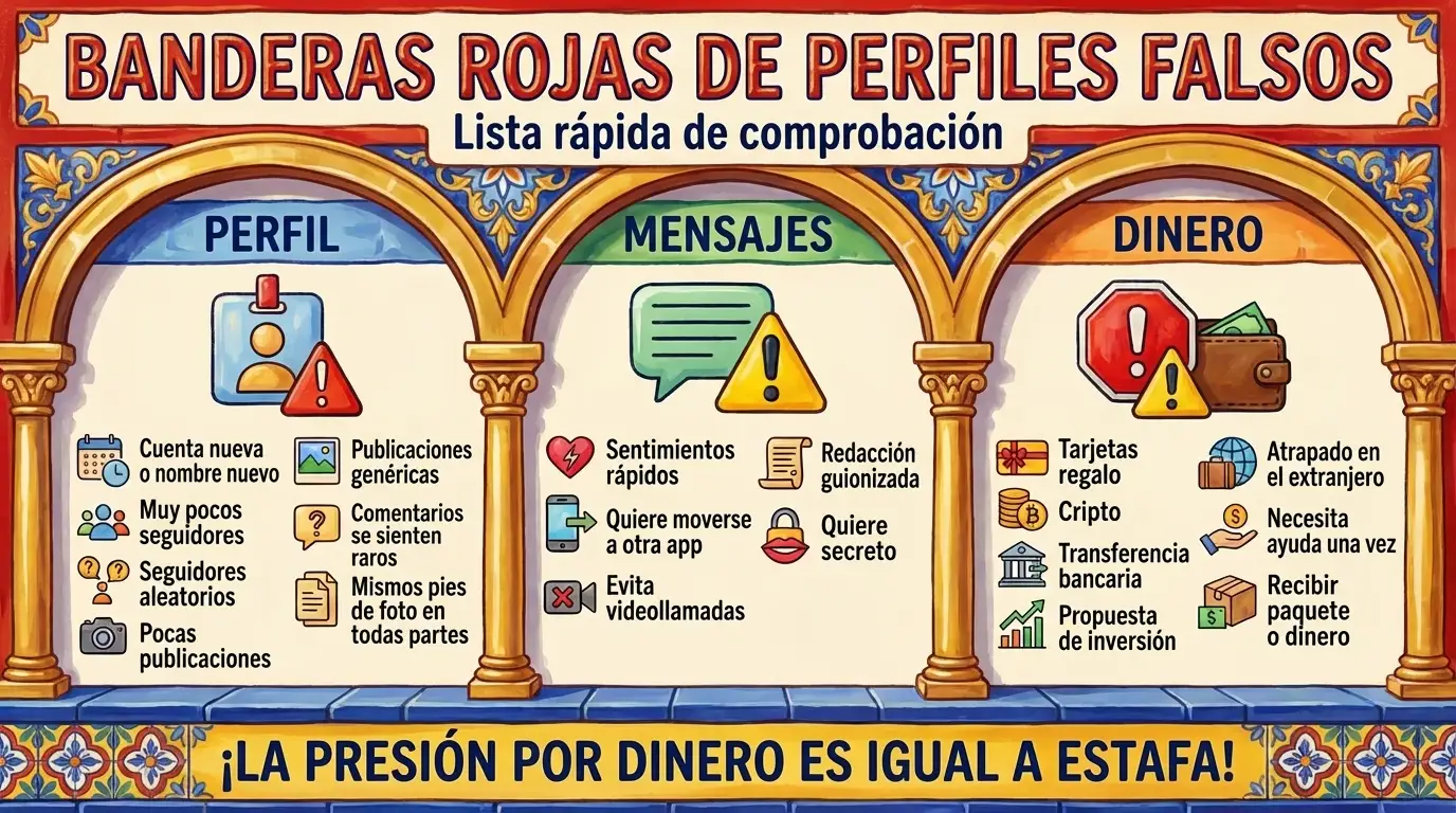 Infografía de lista de comprobación de señales de alerta de perfil falso que ilustra signos comunes de estafadores online relacionados con perfiles, comportamientos de mensajería y solicitudes de dinero