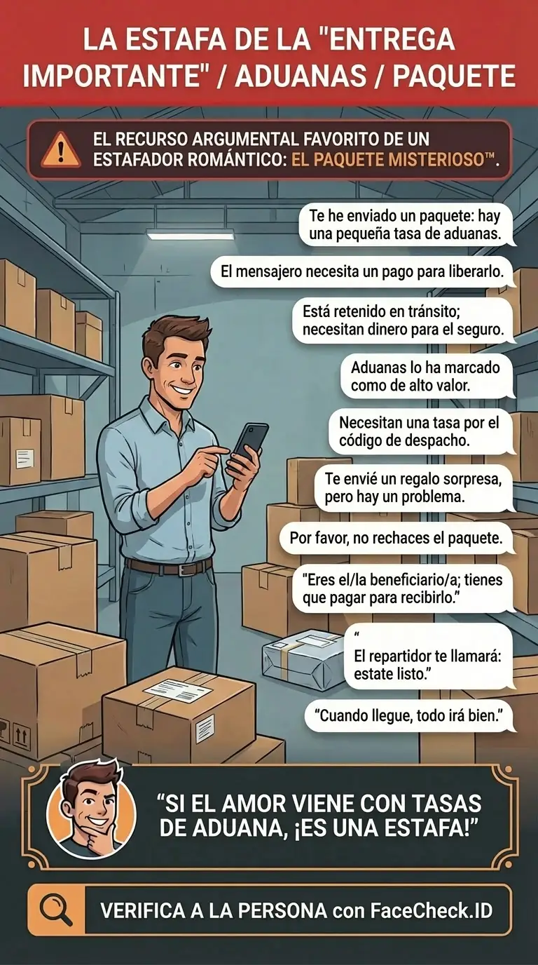 Infografía sobre estafas de “entrega importante”, aduanas y paquetes que exigen un pago urgente