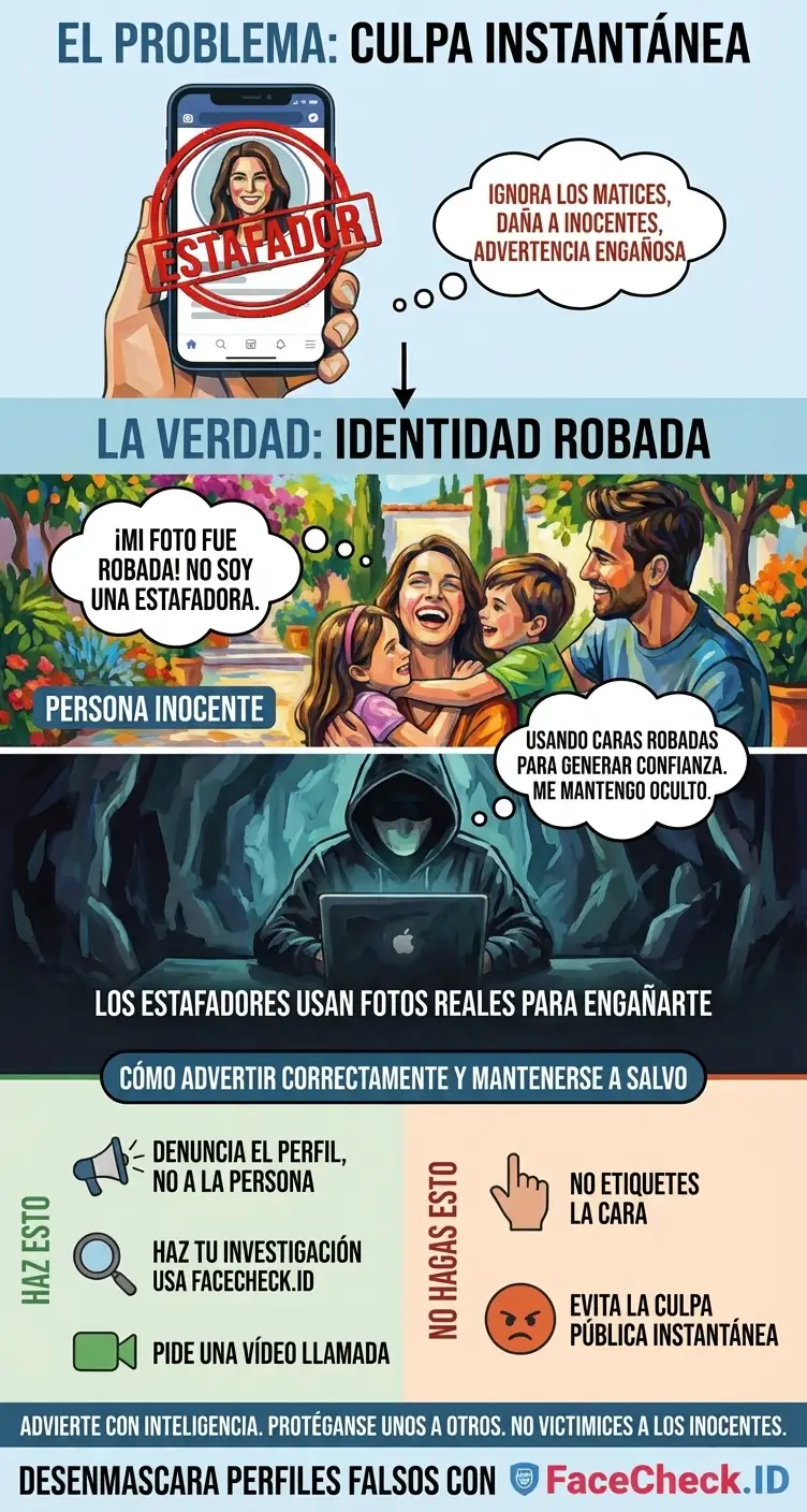 Gráfico de advertencia que recuerda a los usuarios denunciar la suplantación y evitar acusar a la persona de la foto robada