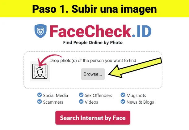 Ir a FaceCheck.ID y subir una foto de un rostro