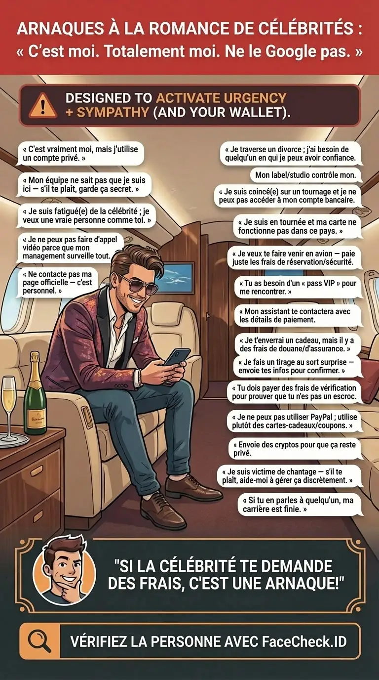 Infographie sur les arnaques à la romance de célébrités et les signaux d’alerte d’usurpation d’identité
