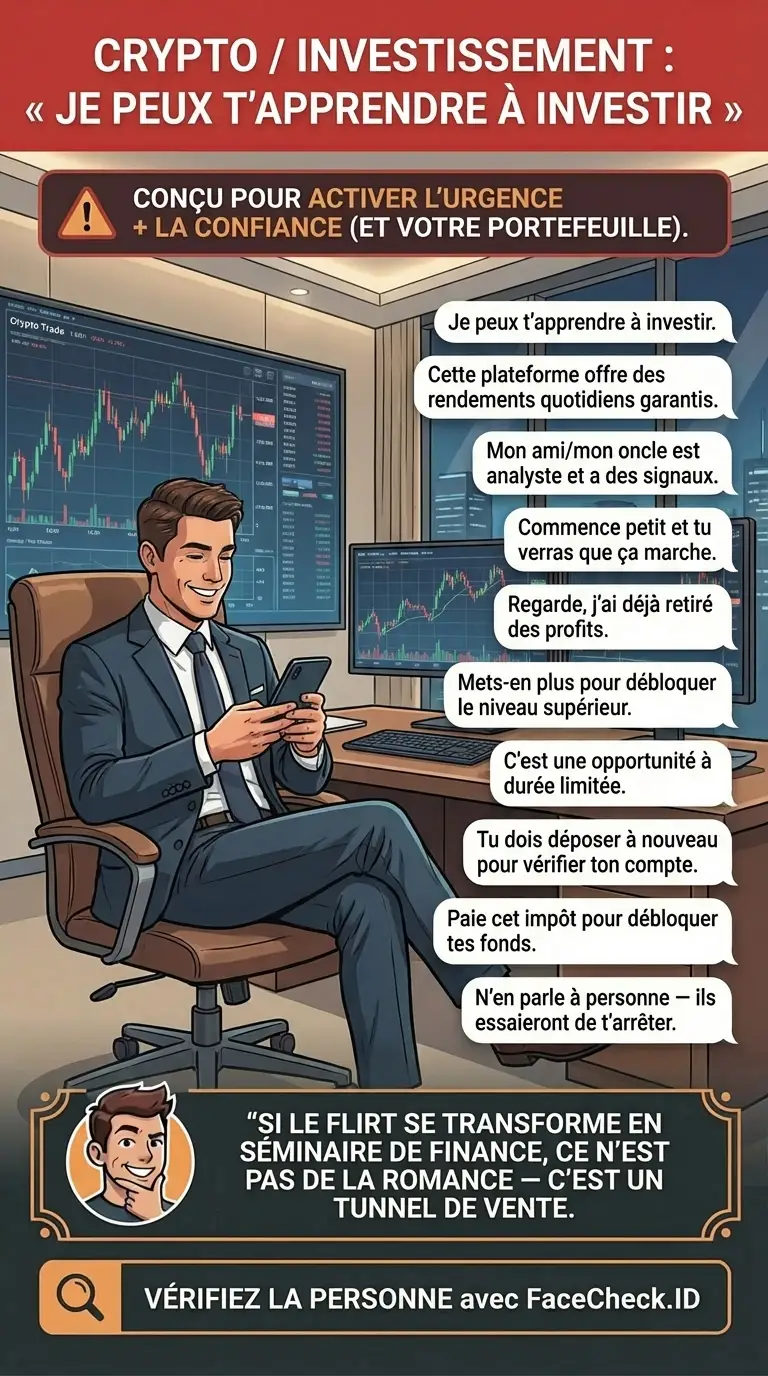 Infographie sur les avertissements d’arnaques crypto, des conseils de prévention et des schémas de fraude courants