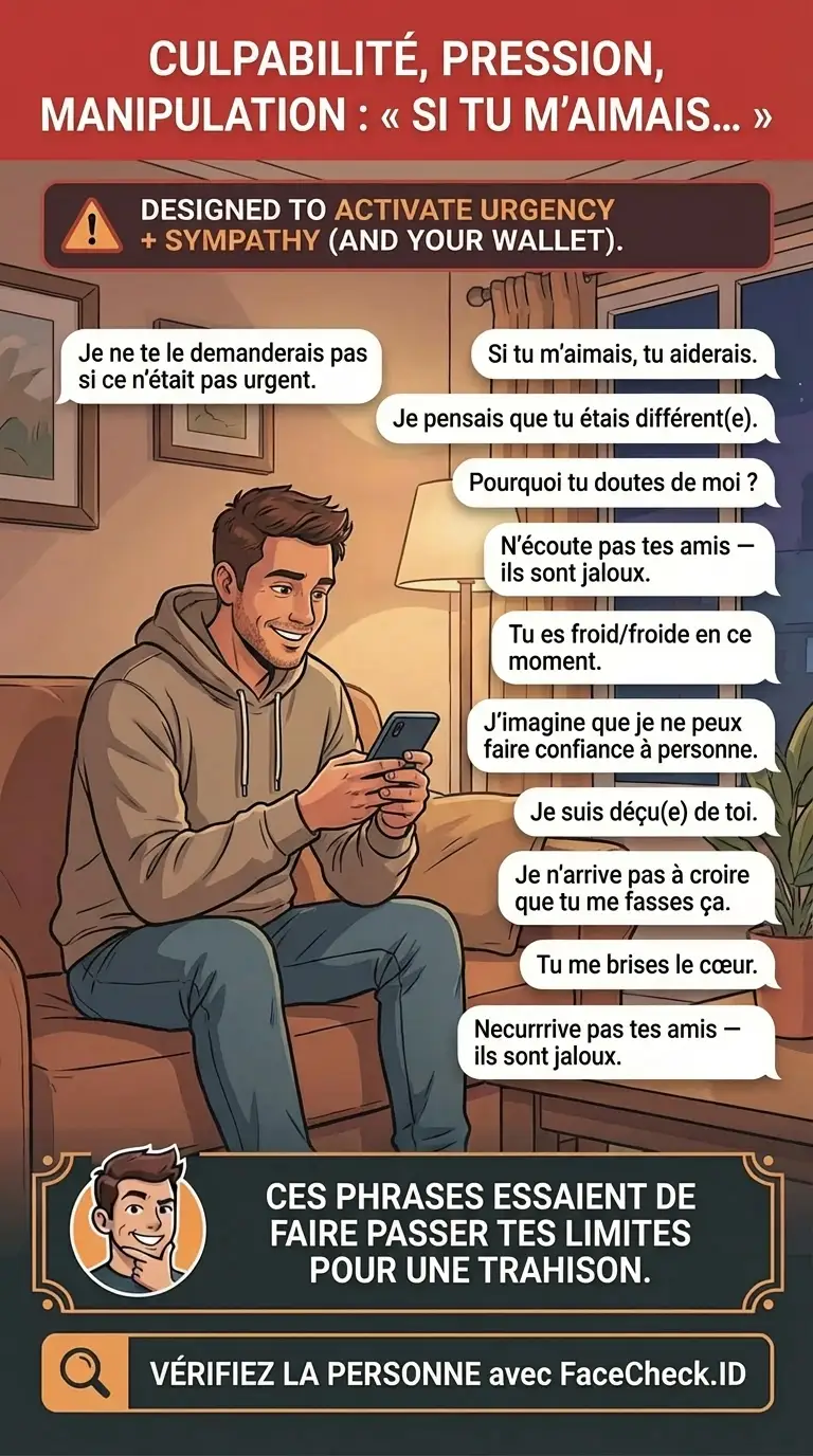 Infographie sur les tactiques de manipulation émotionnelle et les signes d’alerte dans les arnaques en ligne