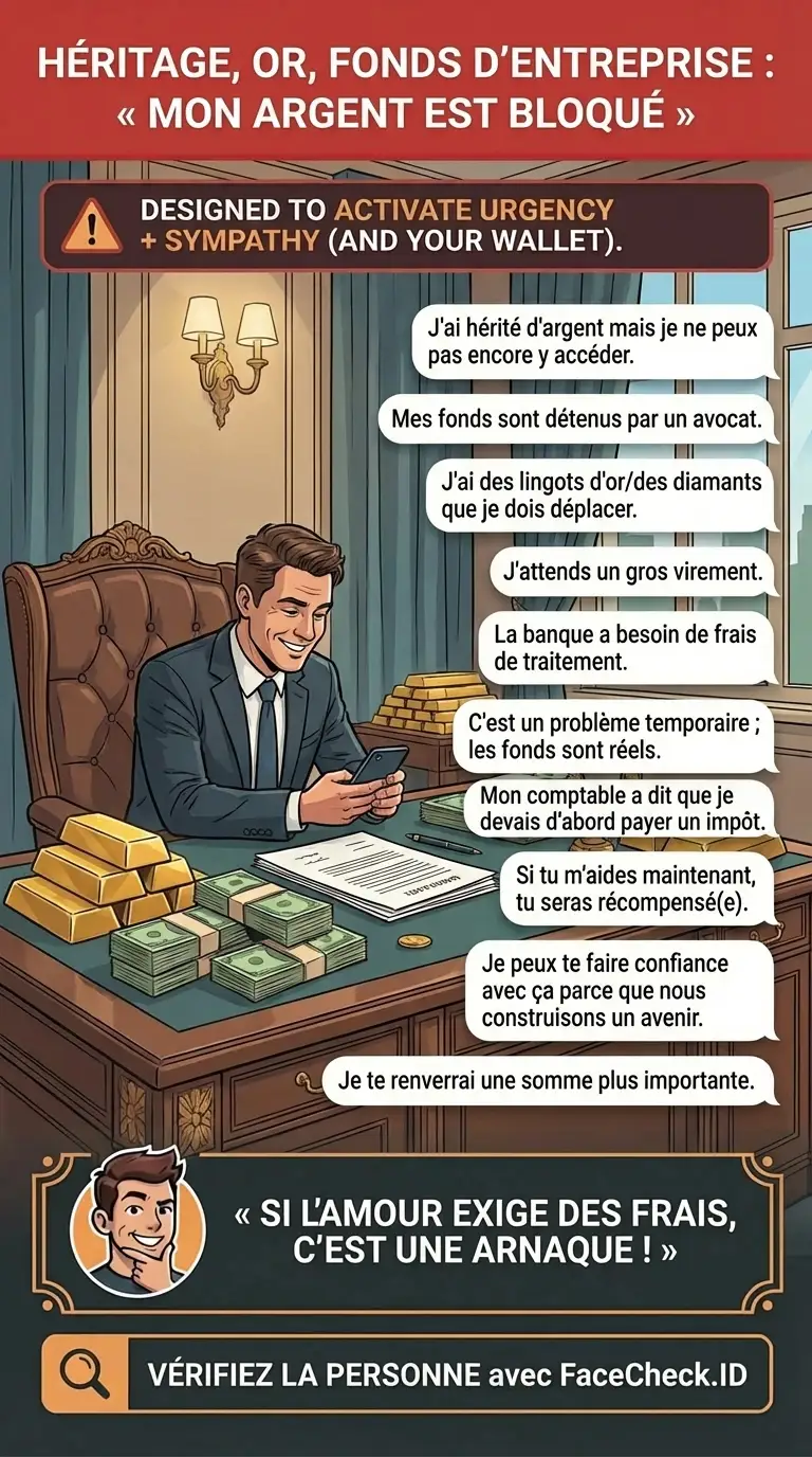 Infographie sur les arnaques à l’héritage, à l’or et aux fonds d’entreprise où l’argent est « bloqué » et nécessite des frais