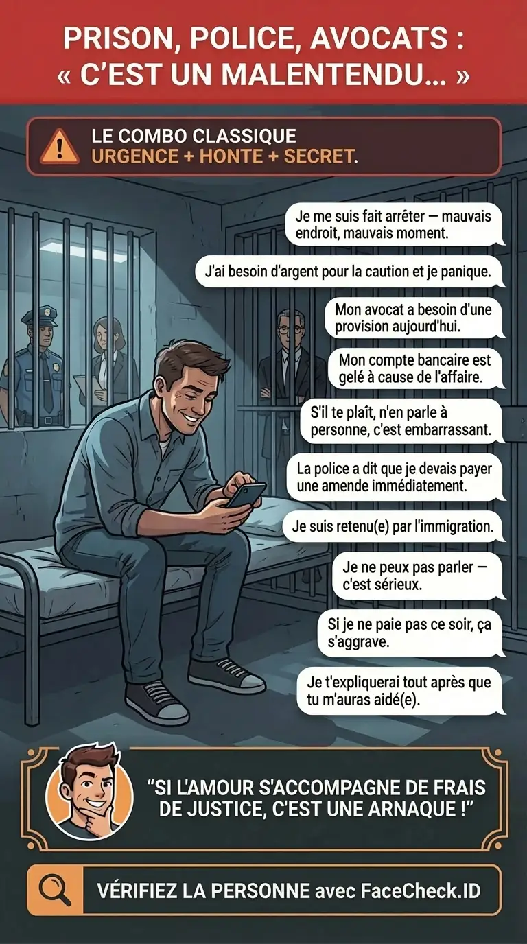 Infographie sur les arnaques prison, police et avocats utilisant l’urgence et le secret « c’est un malentendu »