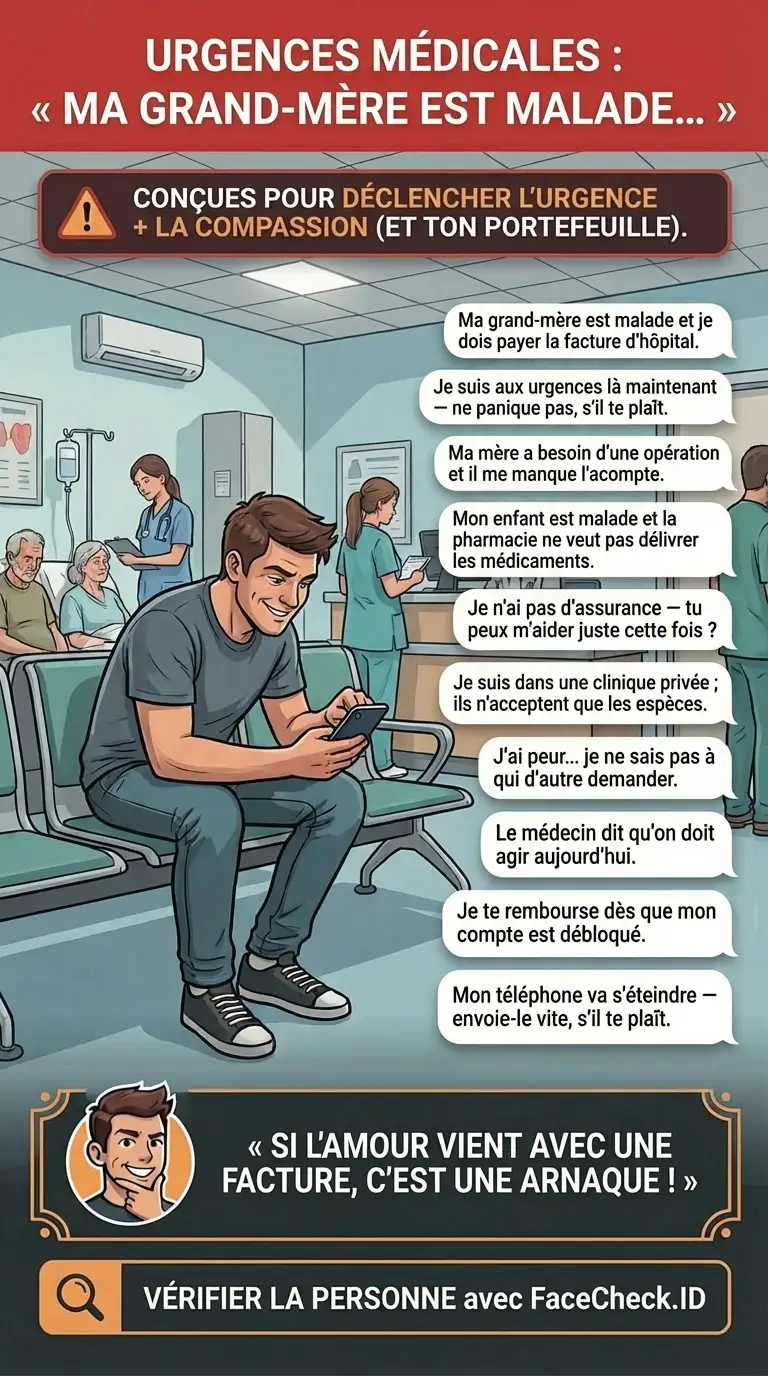 Infographie avertissant des arnaques de demande d’argent pour urgence médicale « Ma grand-mère est malade… »