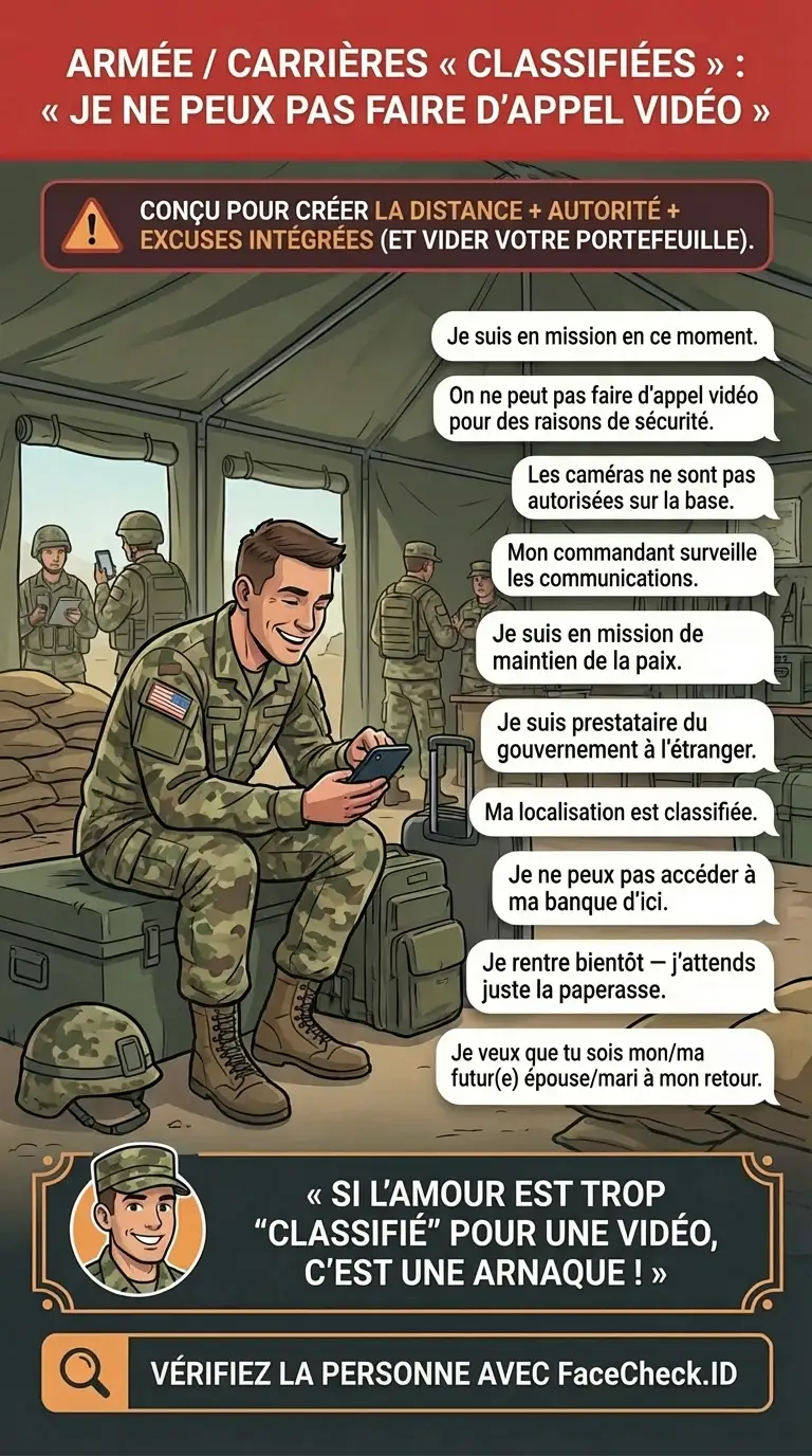 Infographie sur les arnaques à la romance liées à l’armée et les excuses « Je ne peux pas faire d’appel vidéo »
