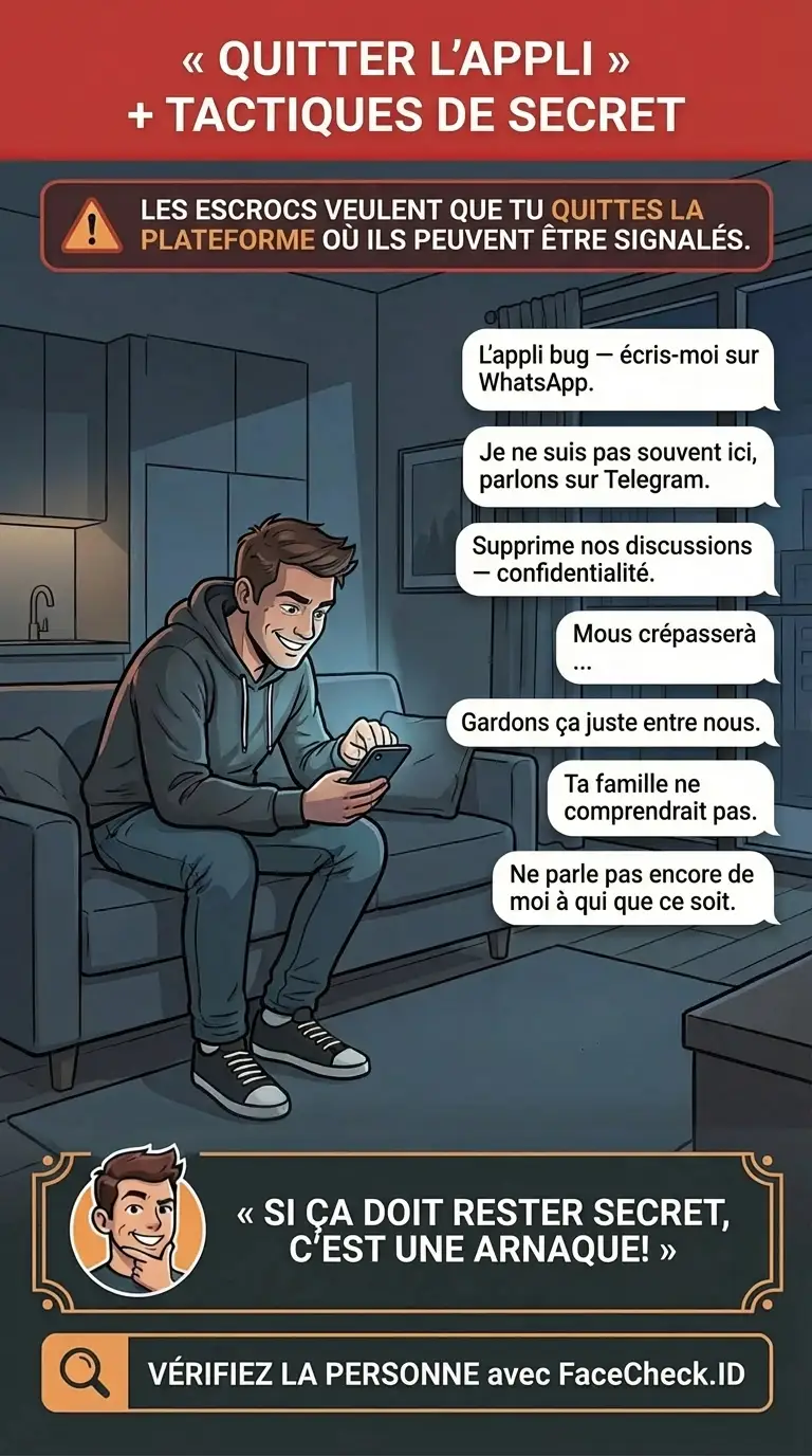Infographie sur les tactiques de secret « quitter l’appli » utilisées par les escrocs