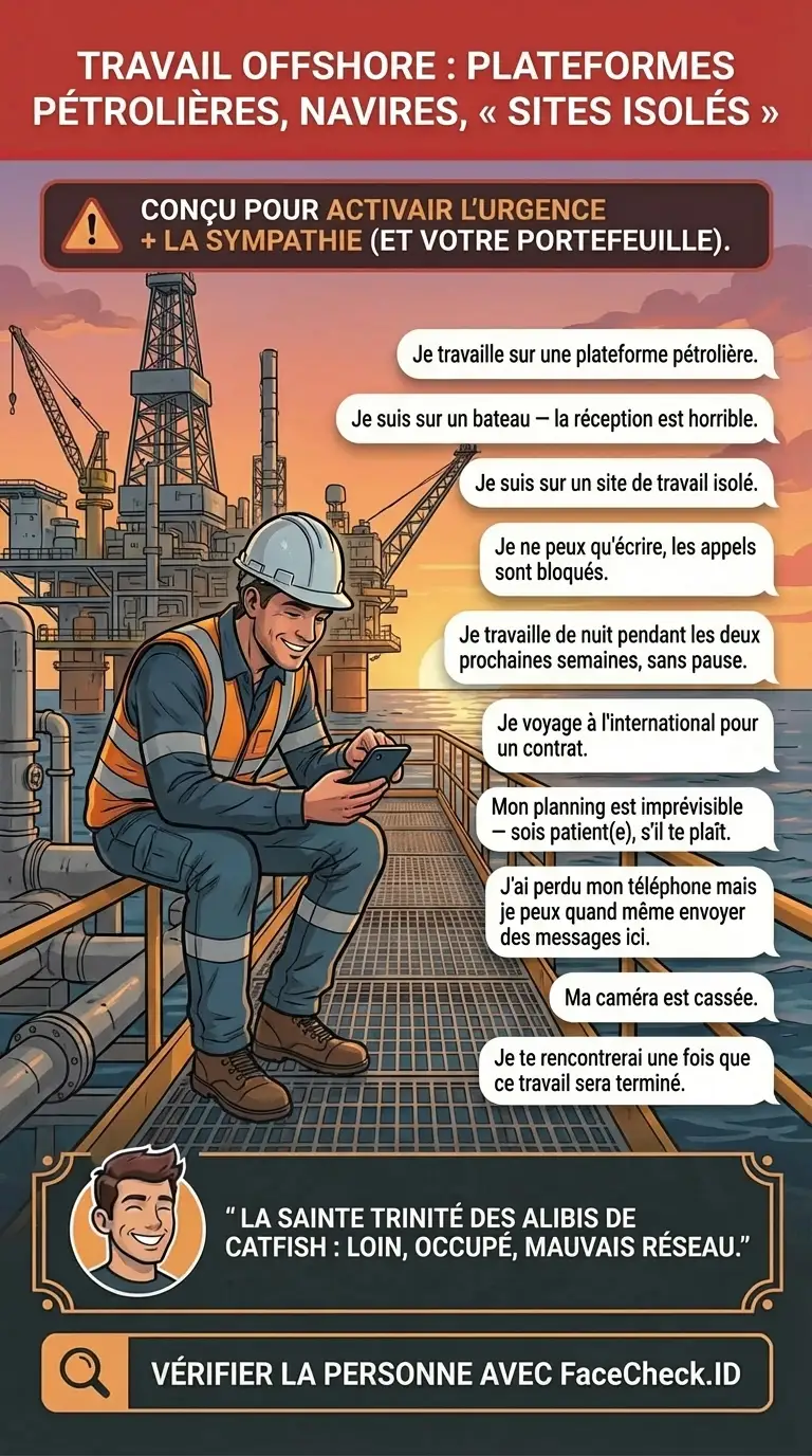 Infographie sur les alibis de faux profils liés au travail offshore comme les plateformes pétrolières, les navires, les sites isolés et les excuses de mauvais réseau