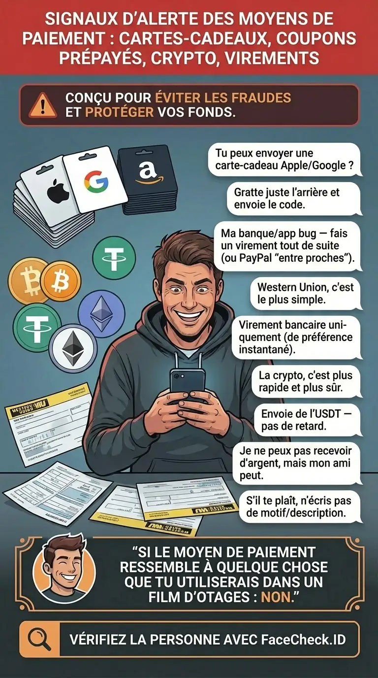 Infographie sur les signaux d’alerte des moyens de paiement comme les cartes-cadeaux, la crypto et les virements