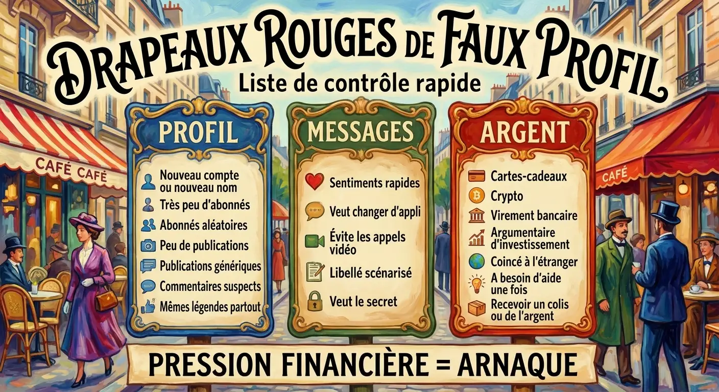 Fake Profile Red Flags checklist infographic illustrating common signs of online scammers related to profiles, messaging behaviors, and financial requests