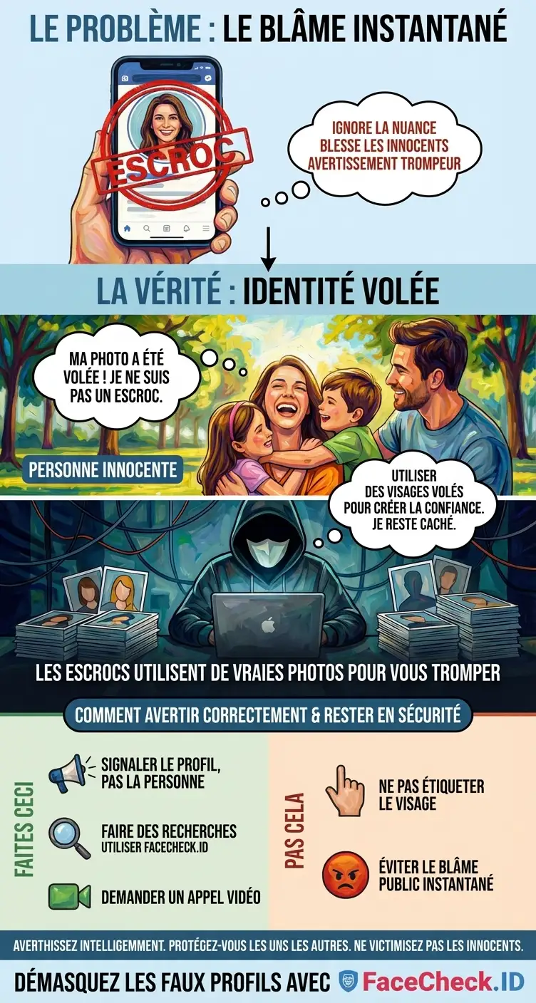 Visuel d'avertissement rappelant aux utilisateurs de signaler l'usurpation d'identité et d'éviter d'accuser la personne sur la photo volée