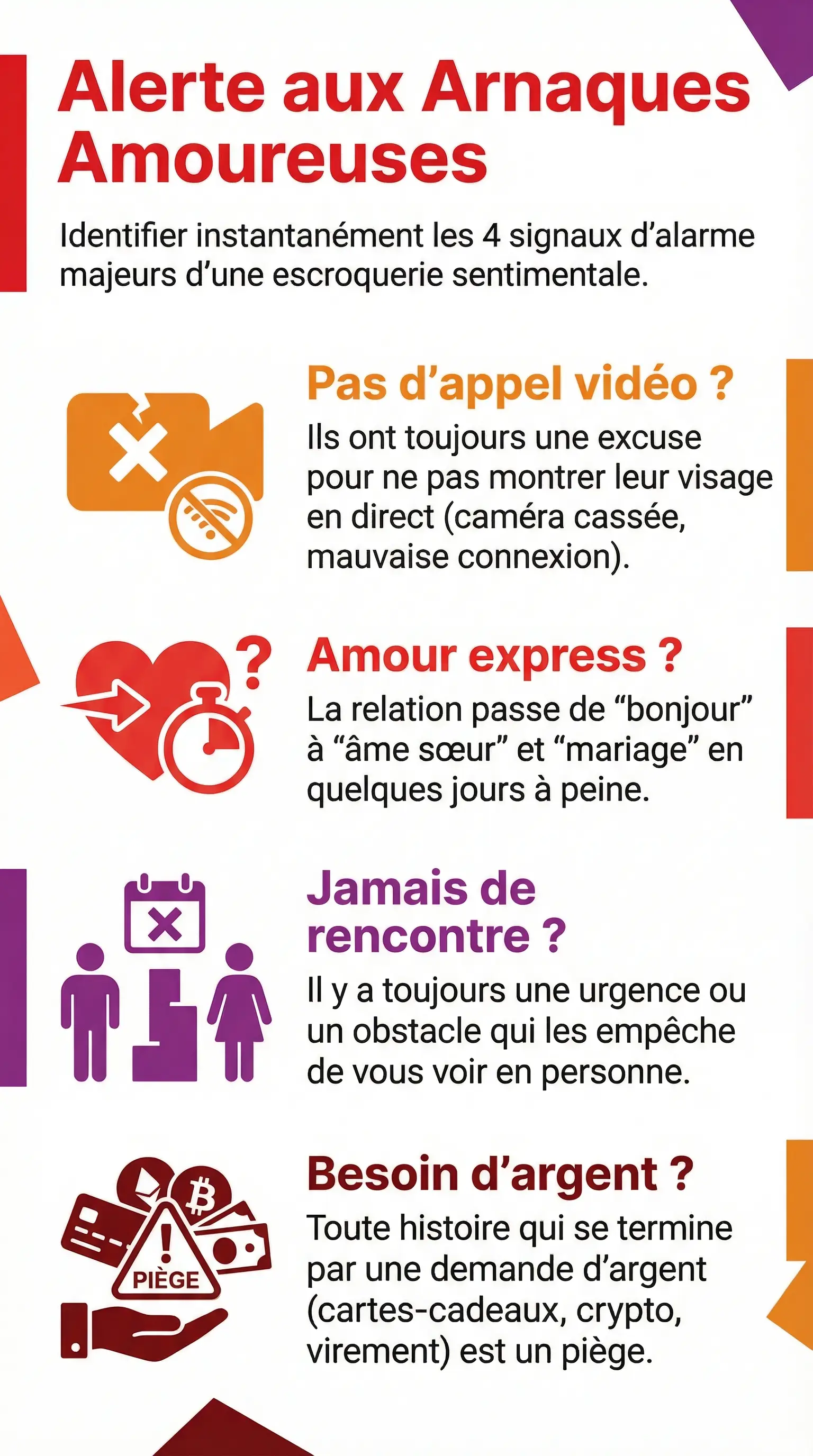 Illustration de répliques courantes d’arnaqueurs à la romance dans une discussion de rencontre, mettant en évidence les excuses, l’urgence et les demandes de paiement